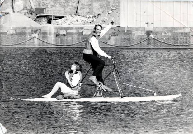 Tomorrow's World presenters demonstrate the 'floating bicycle'