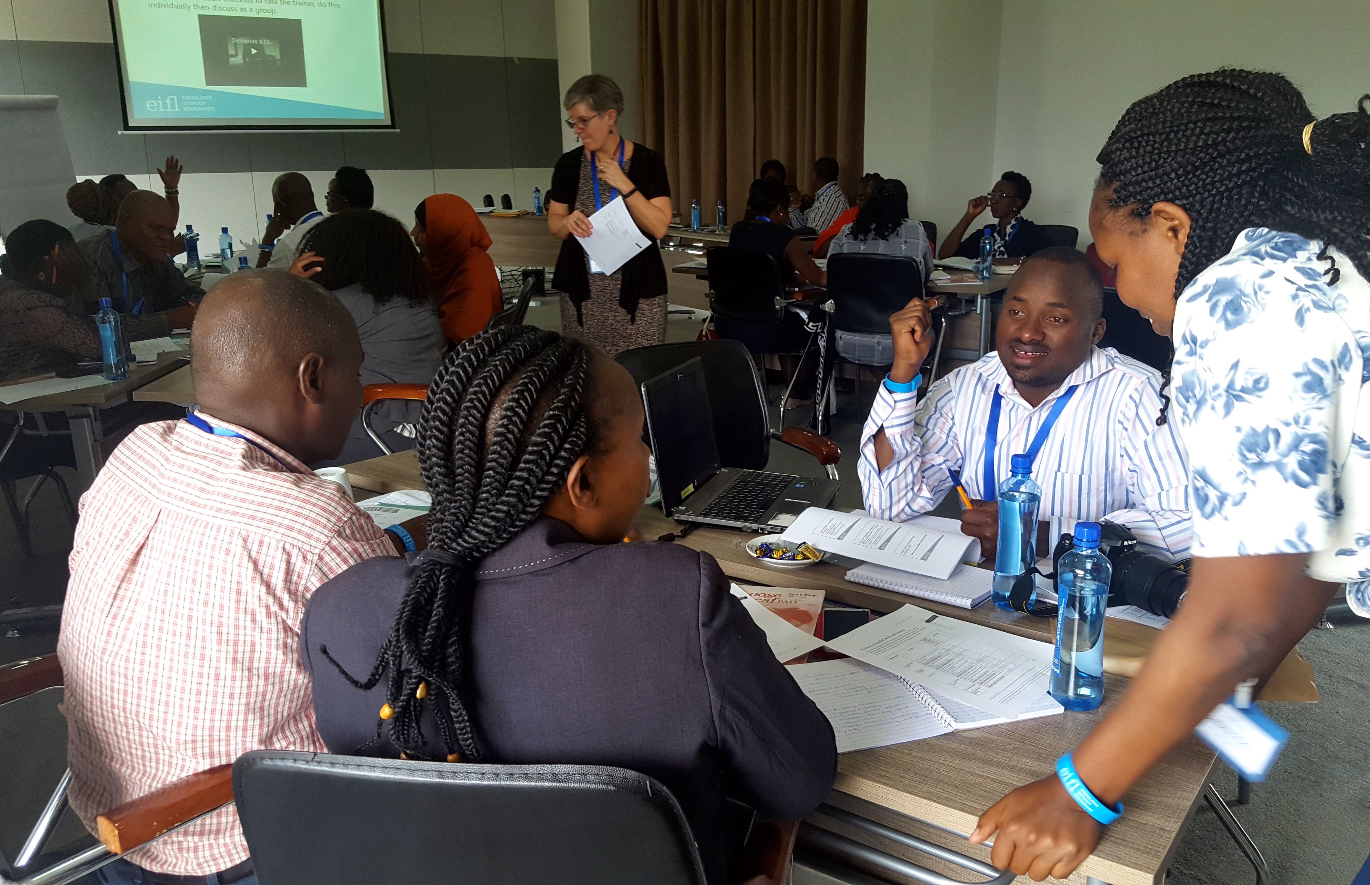 Group work during a two-day training of trainers course organized by EIFL and KNLS as part of the initiative to strengthen continued professional development of public librarians in Kenya. The training took place in March 2018, and was led by Susan Schneur.