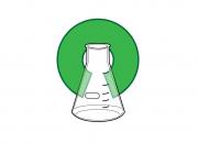 Image representing open science - a glass beaker superimposed on a green (for climate) O.