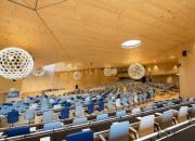 View of the (empty) WIPO Conference Hall, looking at the stage. 