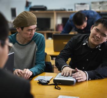 Blind and visually impaired people use digital technology in Ulaanbaatar City Public Library, Mongolia.