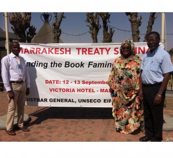 Photo of 3 EIFL copyright librarians (Botswana, Senegal and Kenya) standing in front of a banner on the Marrakesh Treaty seminar in Lesotho in 2017. Photo of 3 EIFL copyright librarians (Botswana, Senegal and Kenya) standing in front of a banner on the Marrakesh Treaty seminar in Lesotho in 2017.