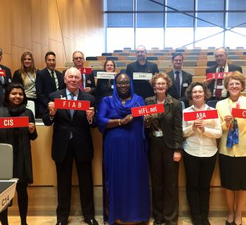 Group photo of 14 delegates from libraries, archives and museums in the WIPO conference hall. Group photo of 14 delegates from libraries, archives and museums in the WIPO conference hall.
