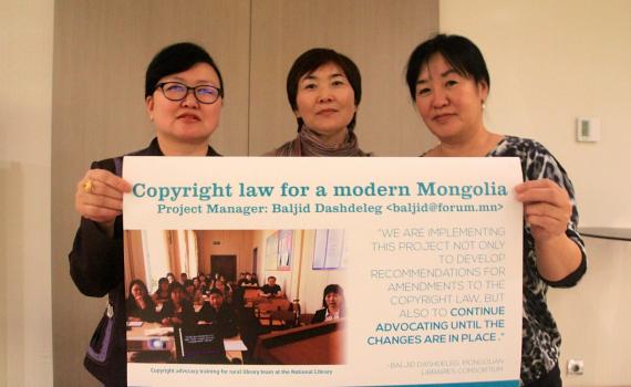 Project team members Bayaraa Bat-Erdene, Oyunbileg Damdinsuren and Baljid Dashdeleg present their project at the 2013 EIFL General Assembly. Project team members Bayaraa Bat-Erdene, Oyunbileg Damdinsuren and Baljid Dashdeleg present their project at the 2013 EIFL General Assembly.