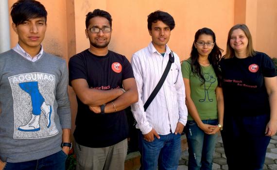 Students from Open Access Nepal and Open Knowledge Nepal with EIFL Open Access Programme Manager Iryna Kuchma pause for a break during Open Access Week 2014.