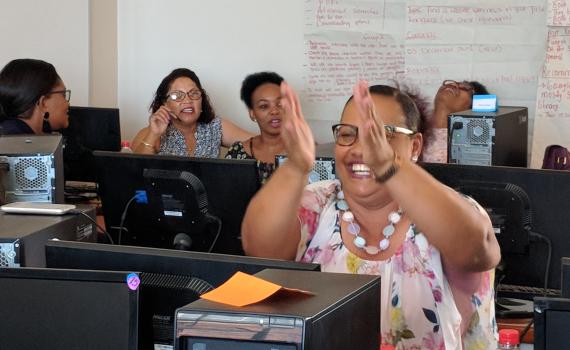 Namibian public librarians learn e-resources and internet searching skills during a workshop organized by EIFL and the Namibia Library and Archives Service in November 2018. Librarians learning internet and e-resources skills during a workshop in Namibia.