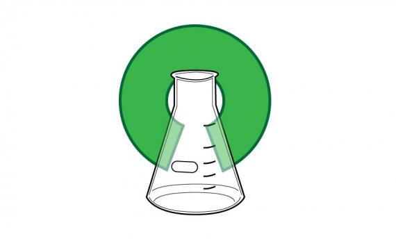 Image representing open science - a glass beaker superimposed on a green (for climate) O.