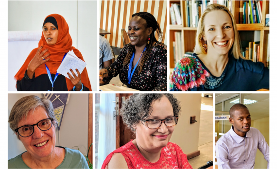 Photo collage, speakers at the webinar, clockwise from top left: Kaltuma Sama (Kenya), Caroline Ngacaku (Kenya), Ugne Lipeikaite (EIFL, Moderator), Yusuf Ganyana (Kenya), Aletta Dunn (Namibia) and Susan Schnuer (EIFL).
