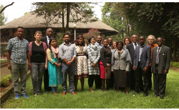 Trainees from Ethiopia, Ghana, Nepal, Tanzania and Zimbabwe, with trainers, at the EIFL Open Science train-the-trainers course in Addis Ababa, Ethiopia, in June 2017. A group of trainees and trainers at the EIFL Open Science train the trainers course in Addis Ababa. They are standing outside the training venue.