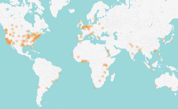 Map of the world showing extent of participation in FSCI 2021, by marking 49 countries where registrants come from.
