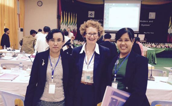EIFL-IP Manager Teresa Hackett, centre, with Daw Myat Sann Nyein, EIFL coordinator in Yangon, left, and Dr Kay Thi Htwe, Director, National Library Nay Pyi Taw, Myanmar.